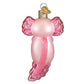Mellow Monkey pink blown glass axolotl ornament with glitter accents and a candy cane detail.