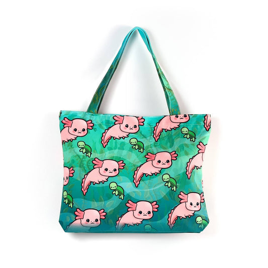 Mellow Monkey pink axolotl and green tadpole print canvas tote bag with teal straps and zippered closure.