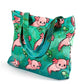 Mellow Monkey teal tote bag with a cute pink axolotl and green turtle print, canvas-like material, dual straps, and zippered closure.