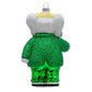 Mellow Monkey Babar the Elephant glass Christmas ornament featuring a green glittered suit and golden crown, back view.