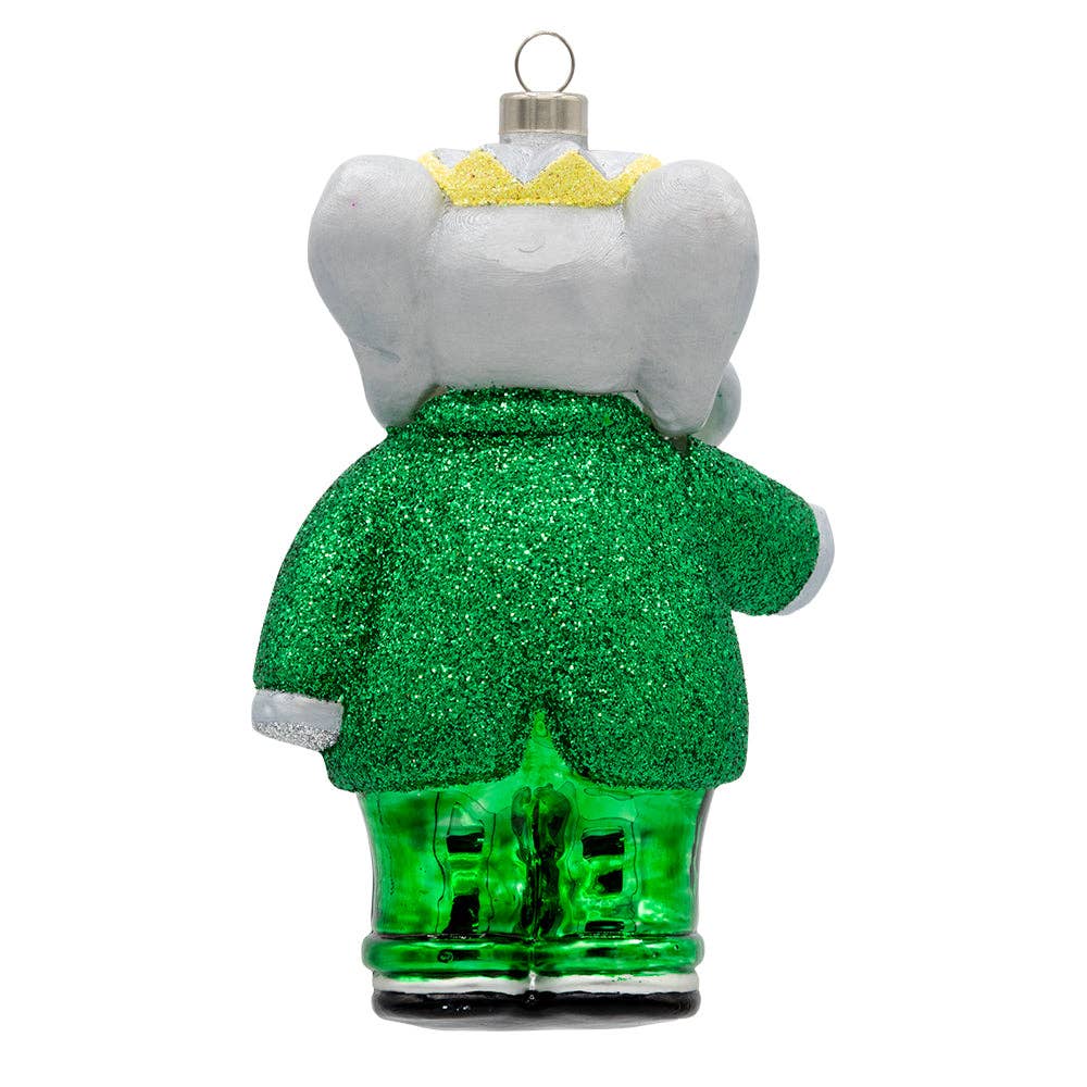 Mellow Monkey Babar the Elephant glass Christmas ornament featuring a green glittered suit and golden crown, back view.