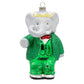 Mellow Monkey Babar the Elephant glass Christmas ornament wearing a green glittered suit, red bowtie, and gold crown.