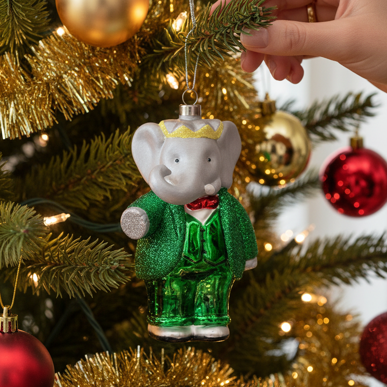 Mellow Monkey Babar the Elephant glass Christmas ornament with a green glitter suit and gold crown on a tree