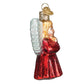 Mellow Monkey Baby Angel Old World Christmas blown glass ornament. Red glitter dress, white glitter wings, blonde hair.