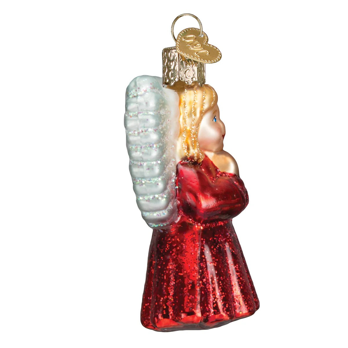 Mellow Monkey Baby Angel Old World Christmas blown glass ornament. Red glitter dress, white glitter wings, blonde hair.