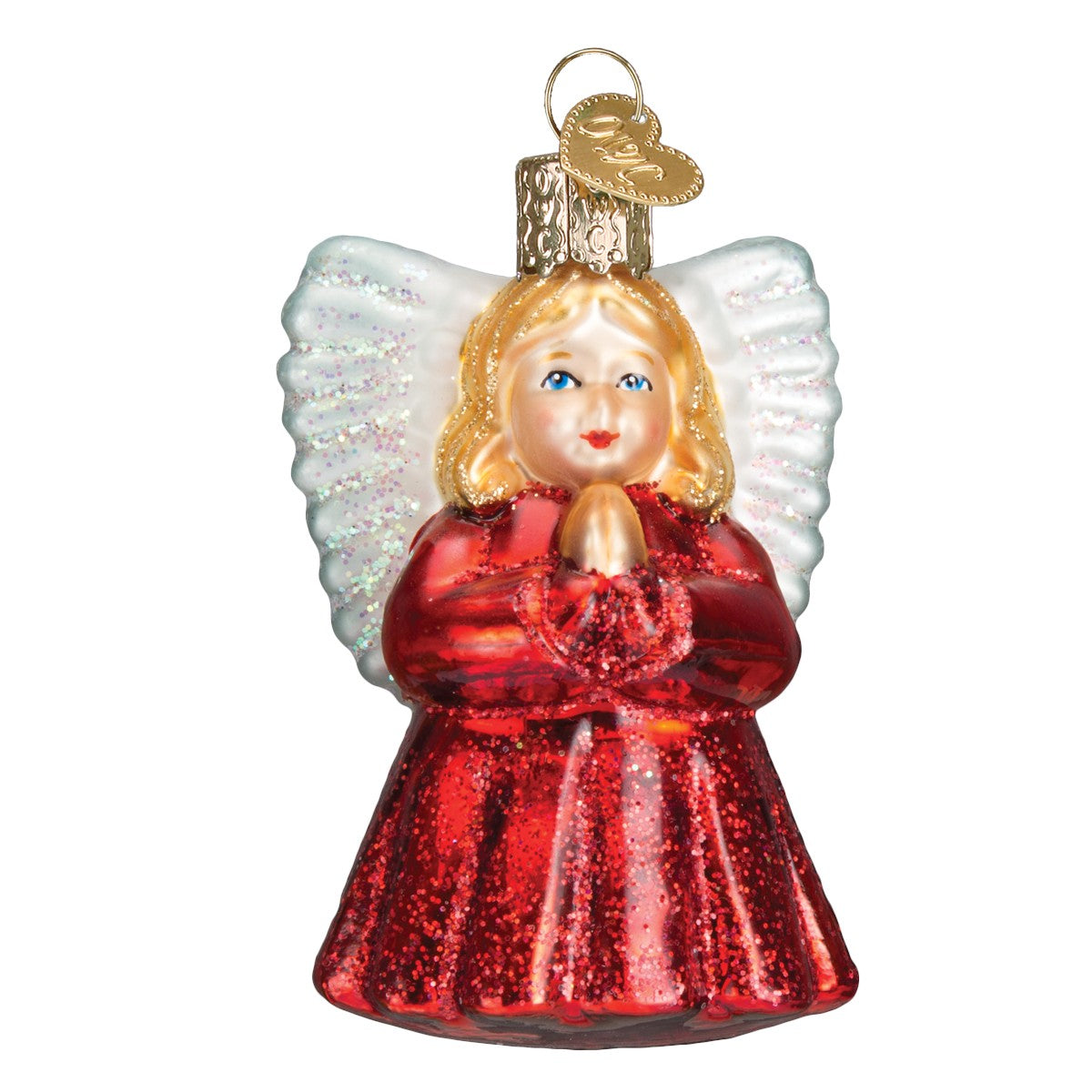 Mellow Monkey Baby Angel Old World Christmas blown glass ornament, red glitter dress, white glitter wings, blonde hair, blue eyes.