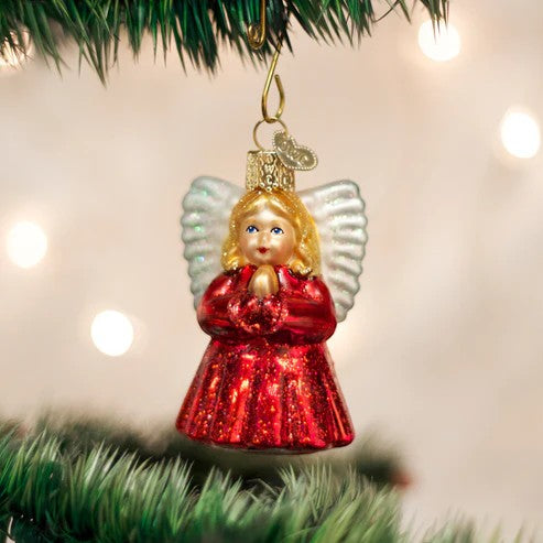 Mellow Monkey Baby Angel Old World Christmas blown glass ornament, red glitter dress, white wings, praying hands.