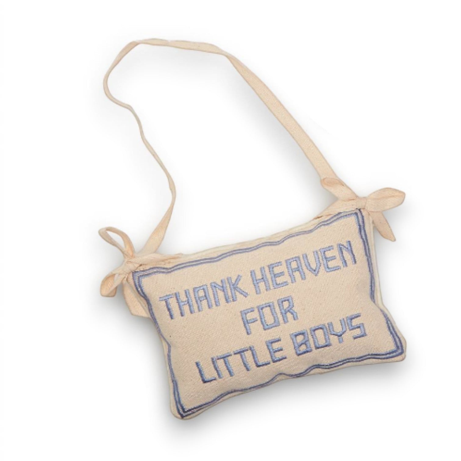 Mellow Monkey Thank Heaven for Little Boys cotton door hanger pillow with blue embroidery and hanging ribbon