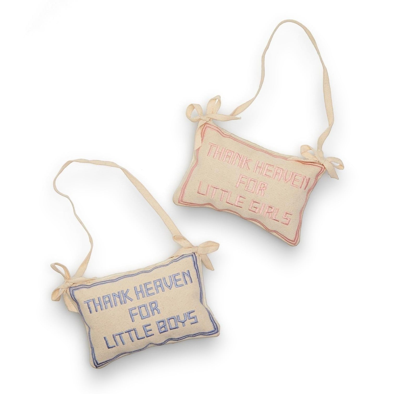 Mellow Monkey cotton door hanger pillows with embroidered Thank Heaven for Little Girls and Boys sayings