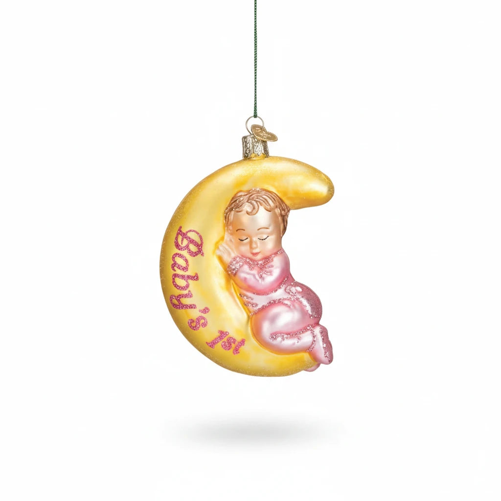 Mellow Monkey Dreamtime Girl blown glass ornament featuring a baby sleeping on a yellow crescent moon