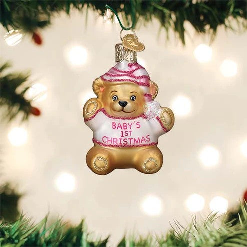 Mellow Monkey Baby Girl's First Christmas teddy bear blown glass ornament with pink glitter accents.