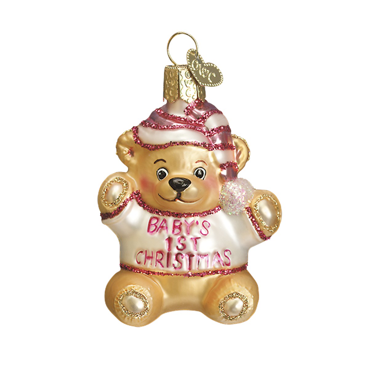 Mellow Monkey Baby Girl's First Teddy Bear glass ornament with pink glitter hat and "Baby's 1st Christmas" text.