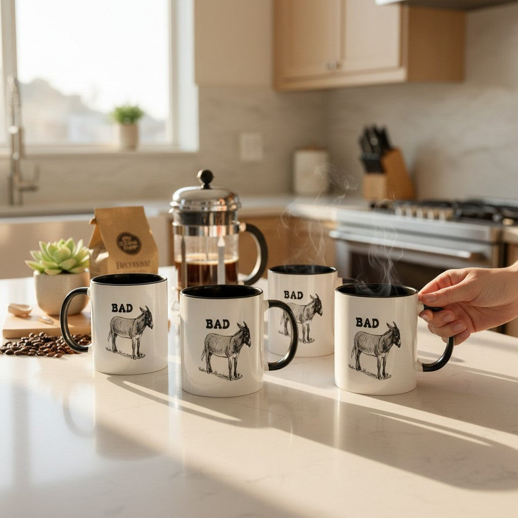 Mellow Monkey black and white ceramic 11-oz mug with "BAD" text and a donkey illustration. Microwave and dishwasher safe.