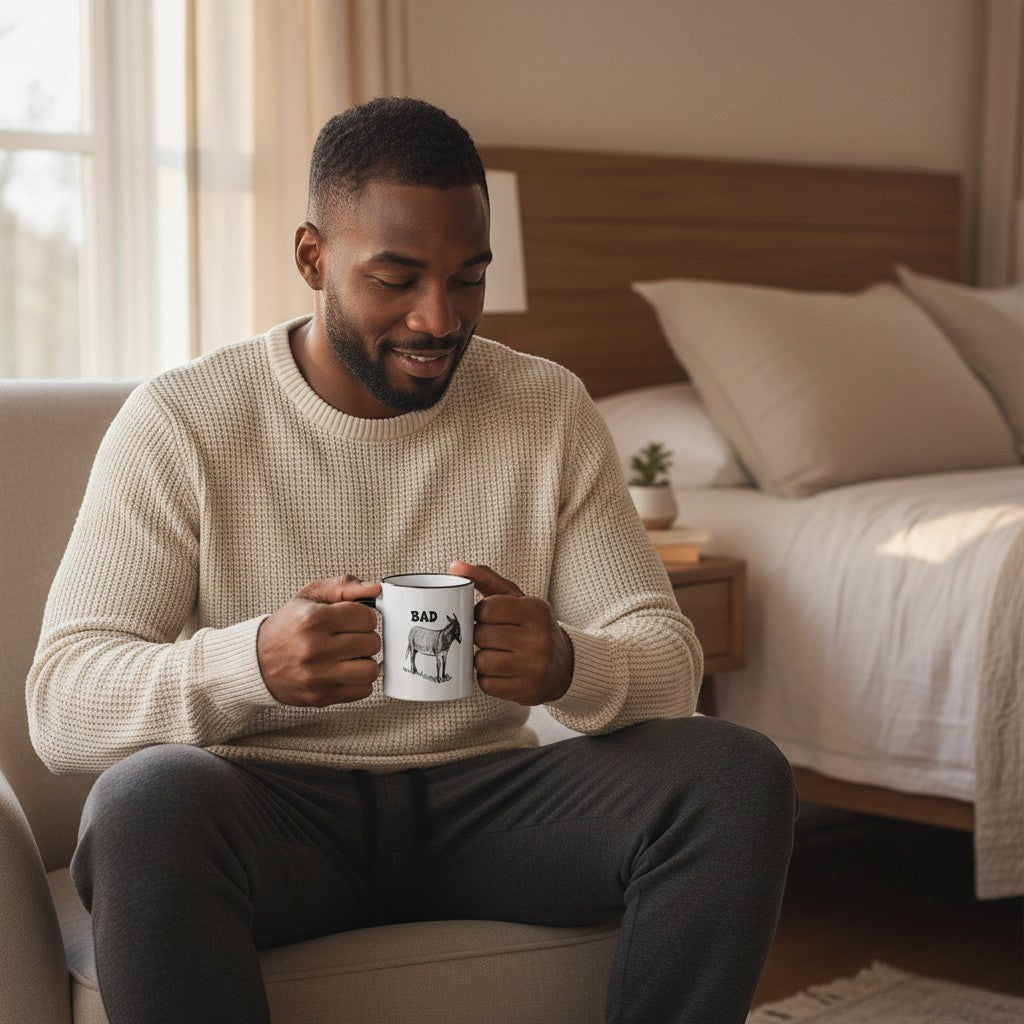 Mellow Monkey white ceramic mug with black trim and handle, featuring the word BAD and a donkey illustration.