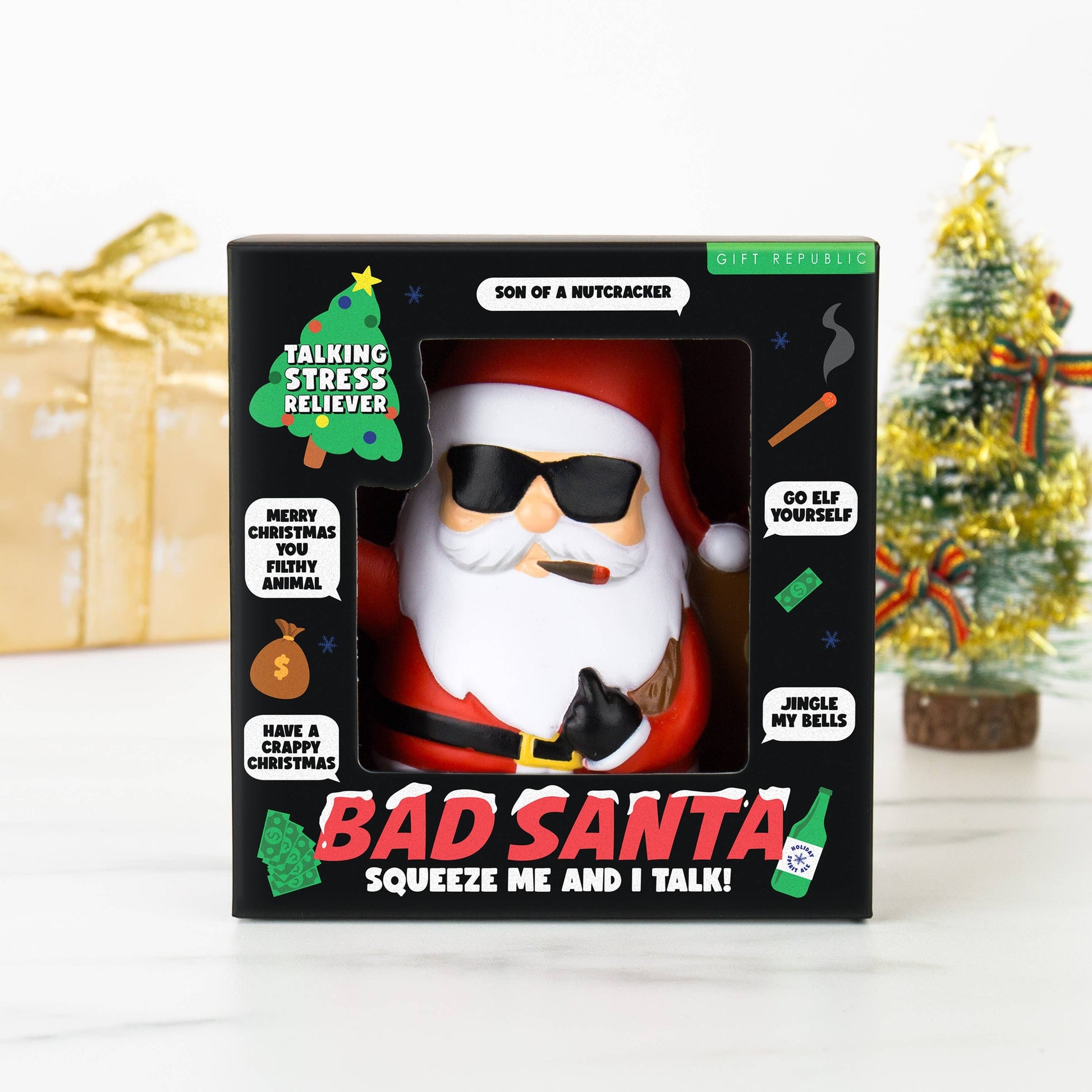 Mellow Monkey Bad Santa talking stress reliever toy in packaging with irreverent holiday phrases and sunglasses
