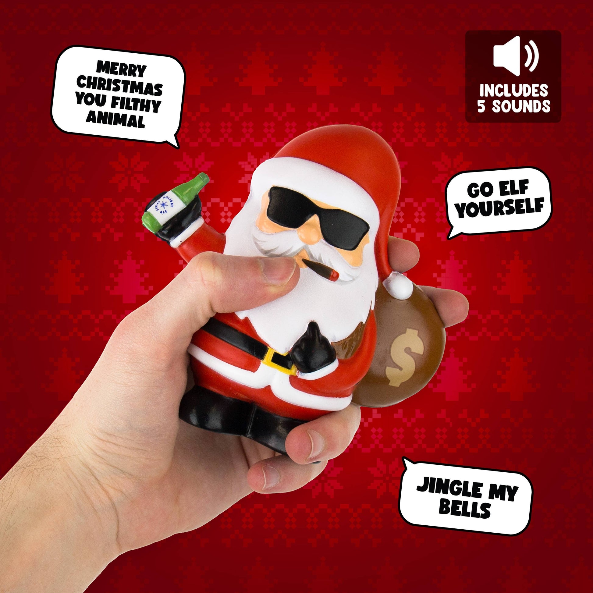 Mellow Monkey Bad Santa stress relief toy with sunglasses, holding a beer and money bag, on red holiday background.