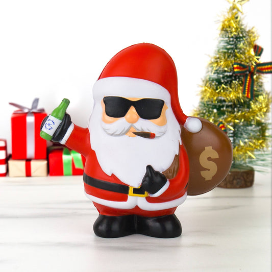 Mellow Monkey Bad Santa stress reliever toy wearing sunglasses and holding a bottle and money bag