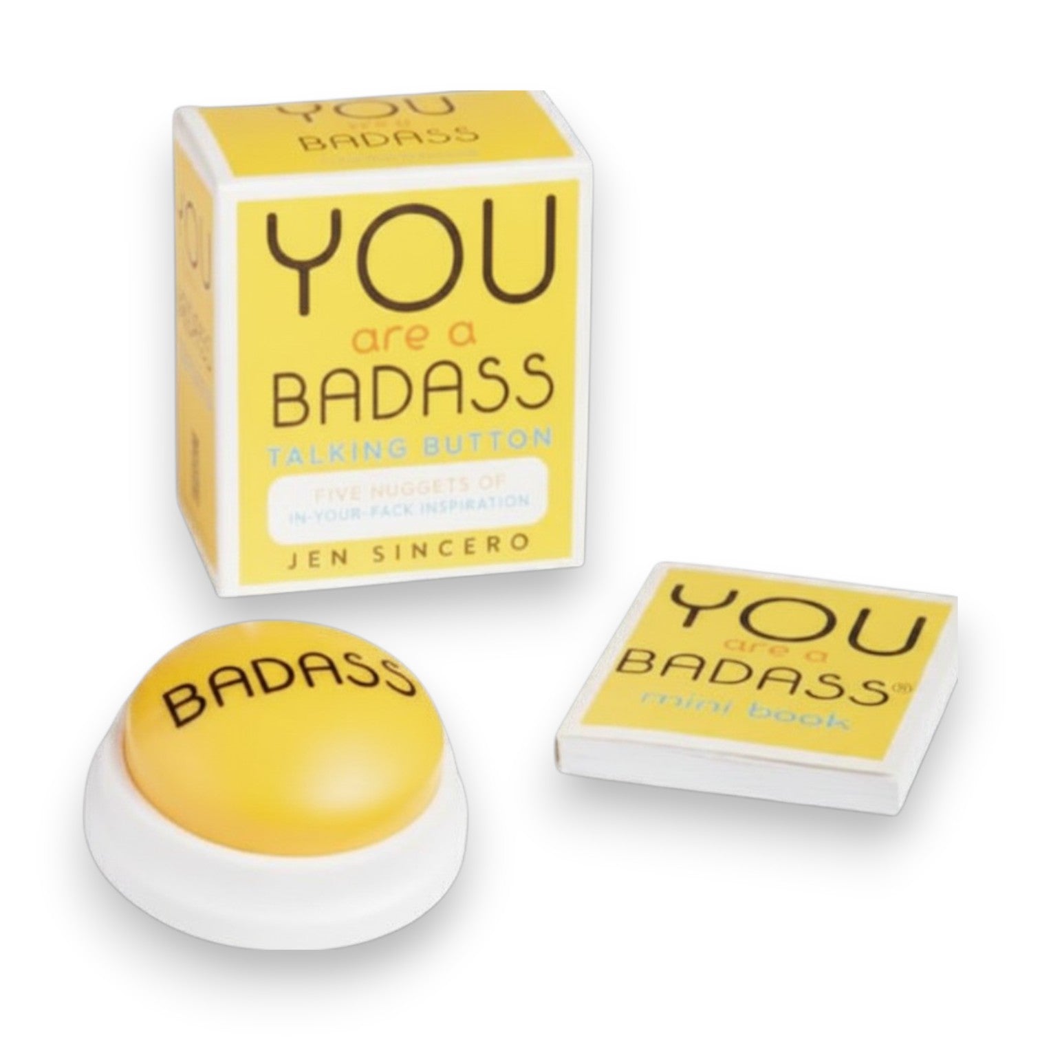 Mellow Monkey You Are a Badass talking button kit with a yellow button, mini book, and branded display box.