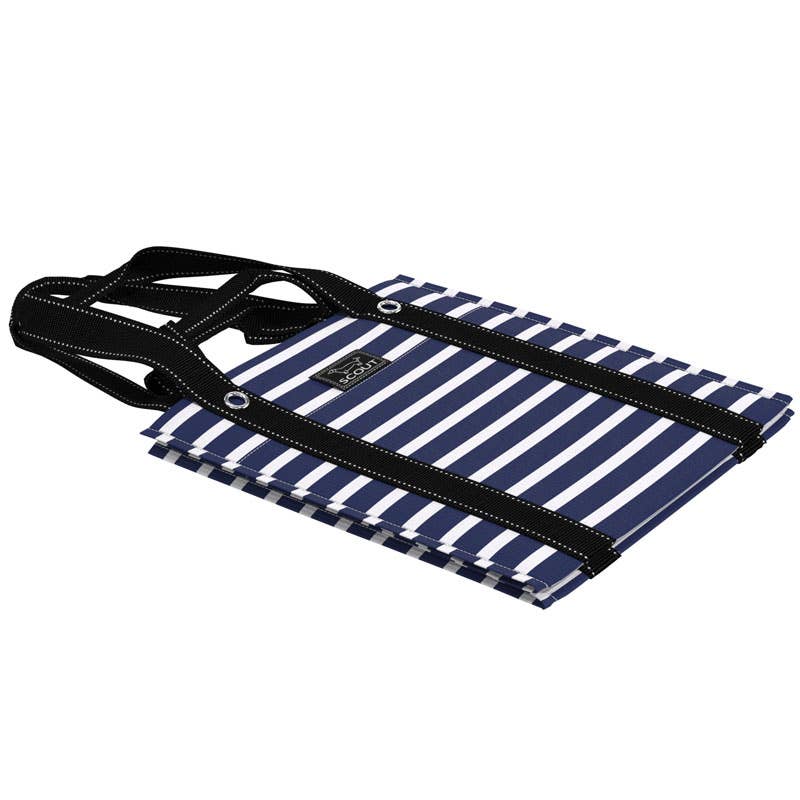 Mellow Monkey Bagette market tote in Nantucket Navy blue and white stripes with dual carry straps folded flat