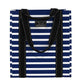 Mellow Monkey Bagette market tote in navy and white stripes with dual black handles and a reinforced square bottom.