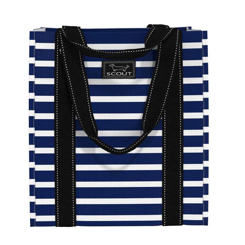 Mellow Monkey Bagette market tote in navy and white stripes with dual black handles and a reinforced square bottom.