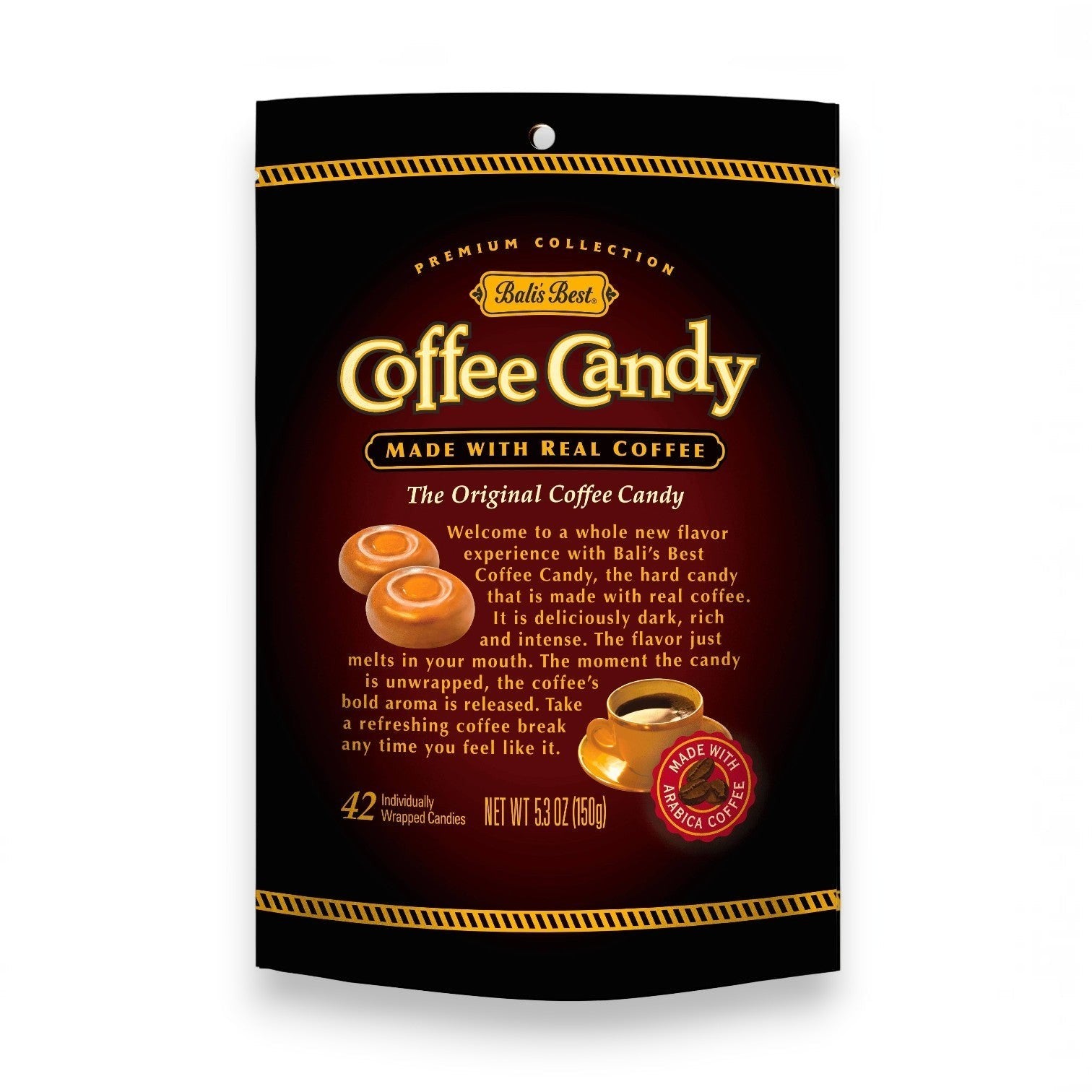 Mellow Monkey Bali's Best coffee candy bag featuring bold black packaging with real Sumatran coffee hard candies.