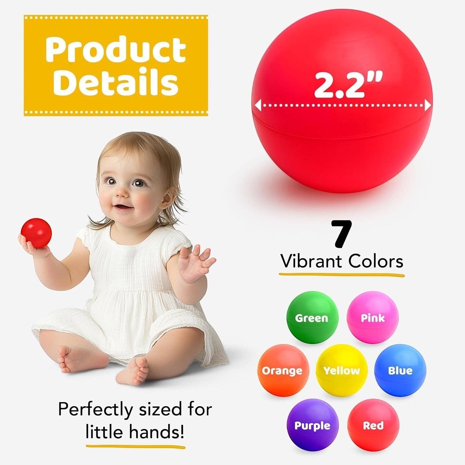 Mellow Monkey 200-pack of 2.2-inch colorful, crush-proof plastic ball pit balls for toddlers in 7 vibrant colors.