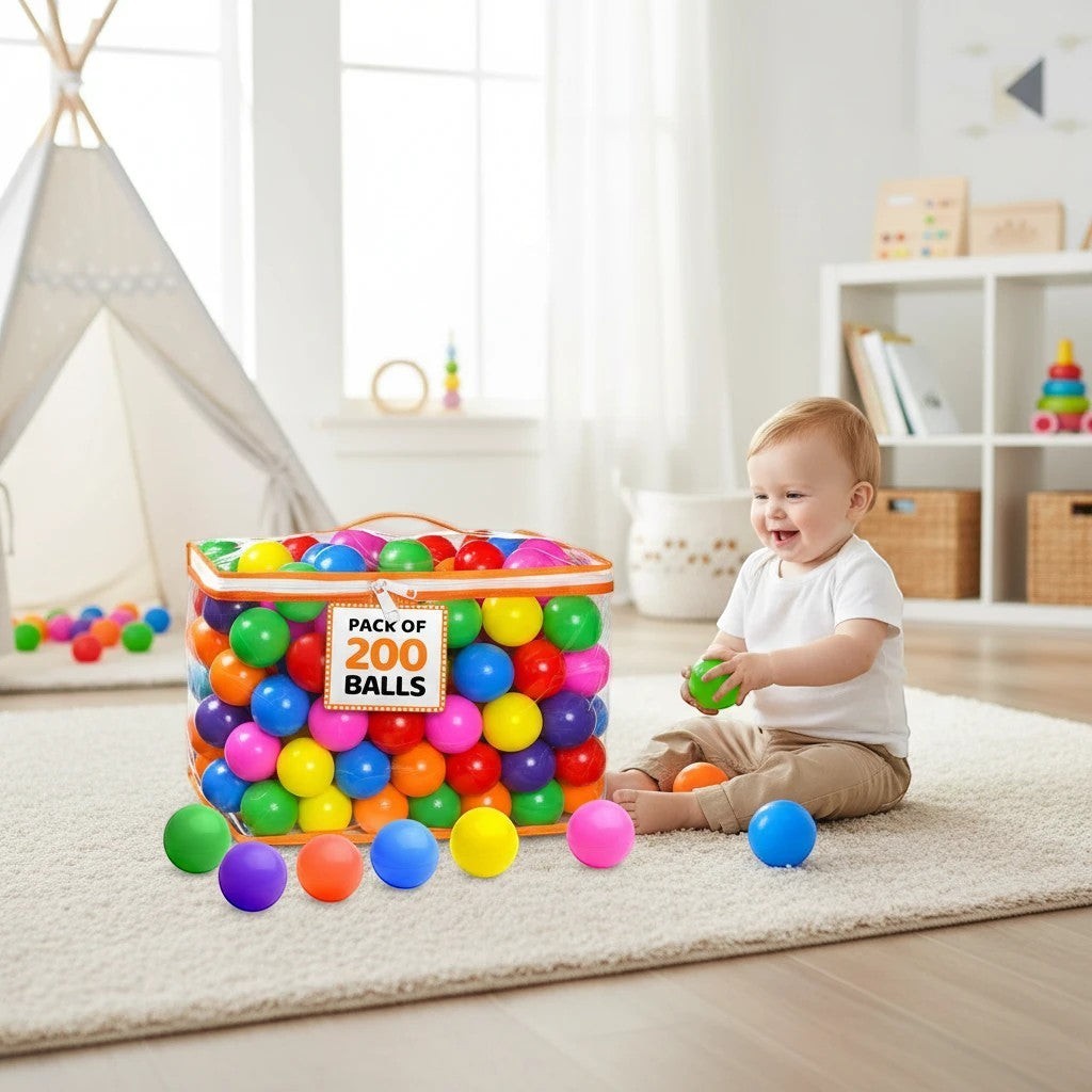 Mellow Monkey 200-pack of colorful, crush-proof BPA-free plastic ball pit balls with a zippered storage bag.