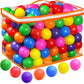 Mellow Monkey 200-pack of colorful, crush-proof BPA-free plastic ball pit balls in a zippered storage bag.