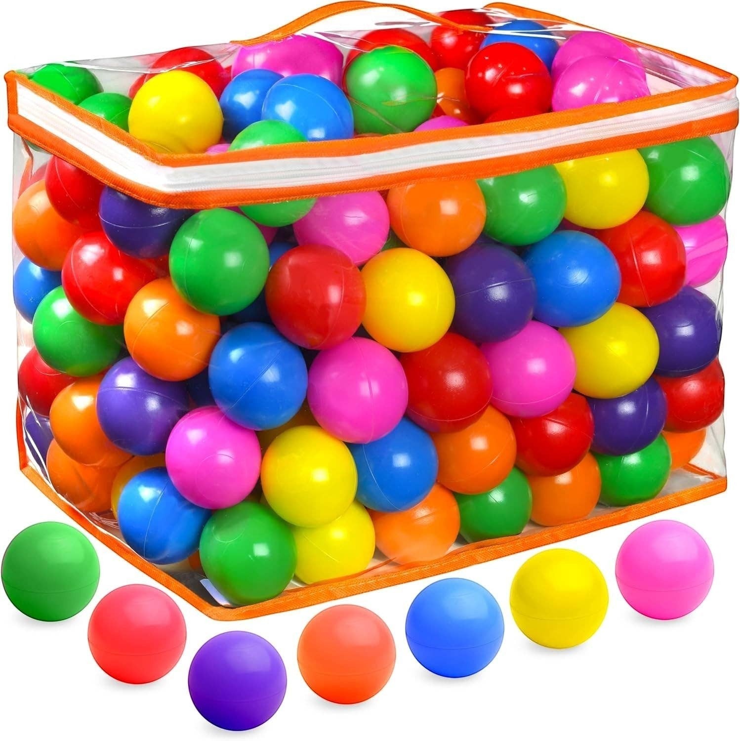 Mellow Monkey 200-pack of colorful, crush-proof BPA-free plastic ball pit balls in a zippered storage bag.