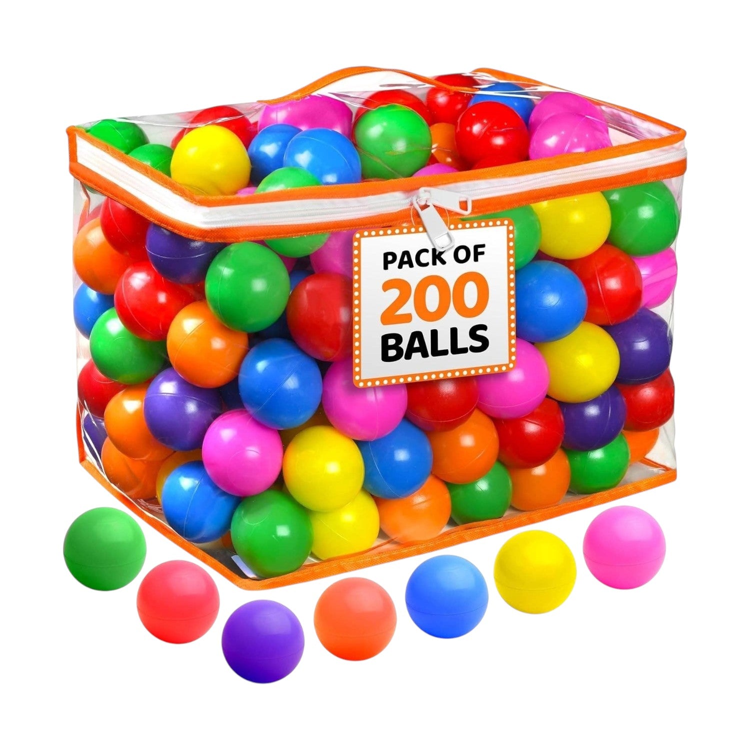 Mellow Monkey 200-pack of colorful, crush-proof plastic ball pit balls in a zippered storage bag for toddlers.