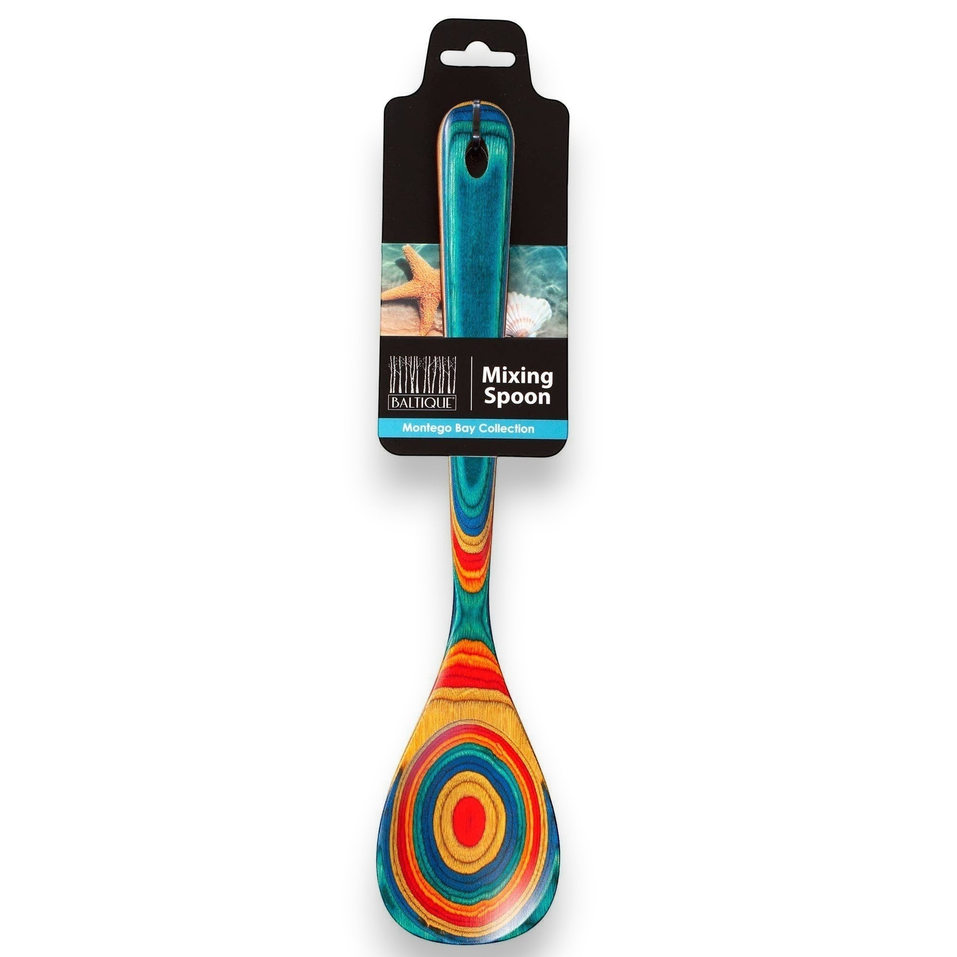 Mellow Monkey Montego Bay Baltique colorful wooden mixing spoon with teal, blue, red, orange, and yellow concentric circles.