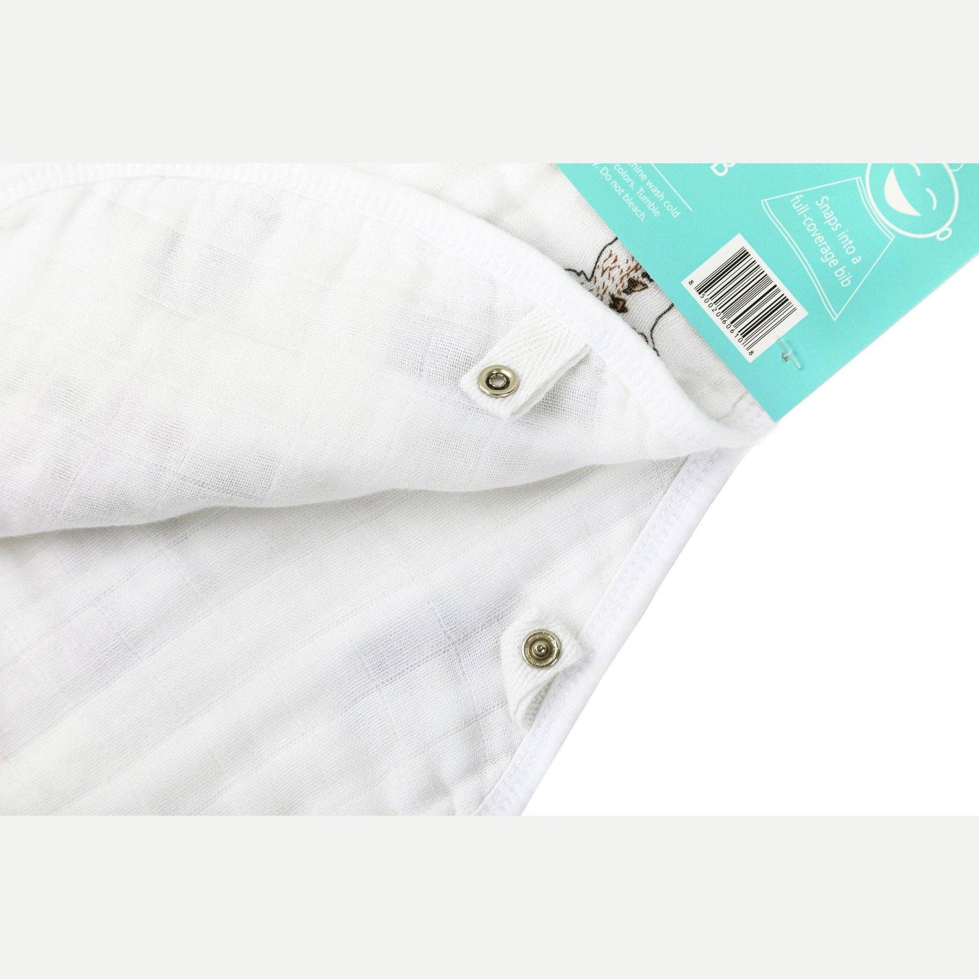 Mellow Monkey Massachusetts baby burp cloth and bib combo in white bamboo rayon and cotton muslin with metal snaps