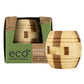 Mellow Monkey Mini Eco Logicals bamboo barrel puzzle with light and dark wood pieces in its eco-friendly box.