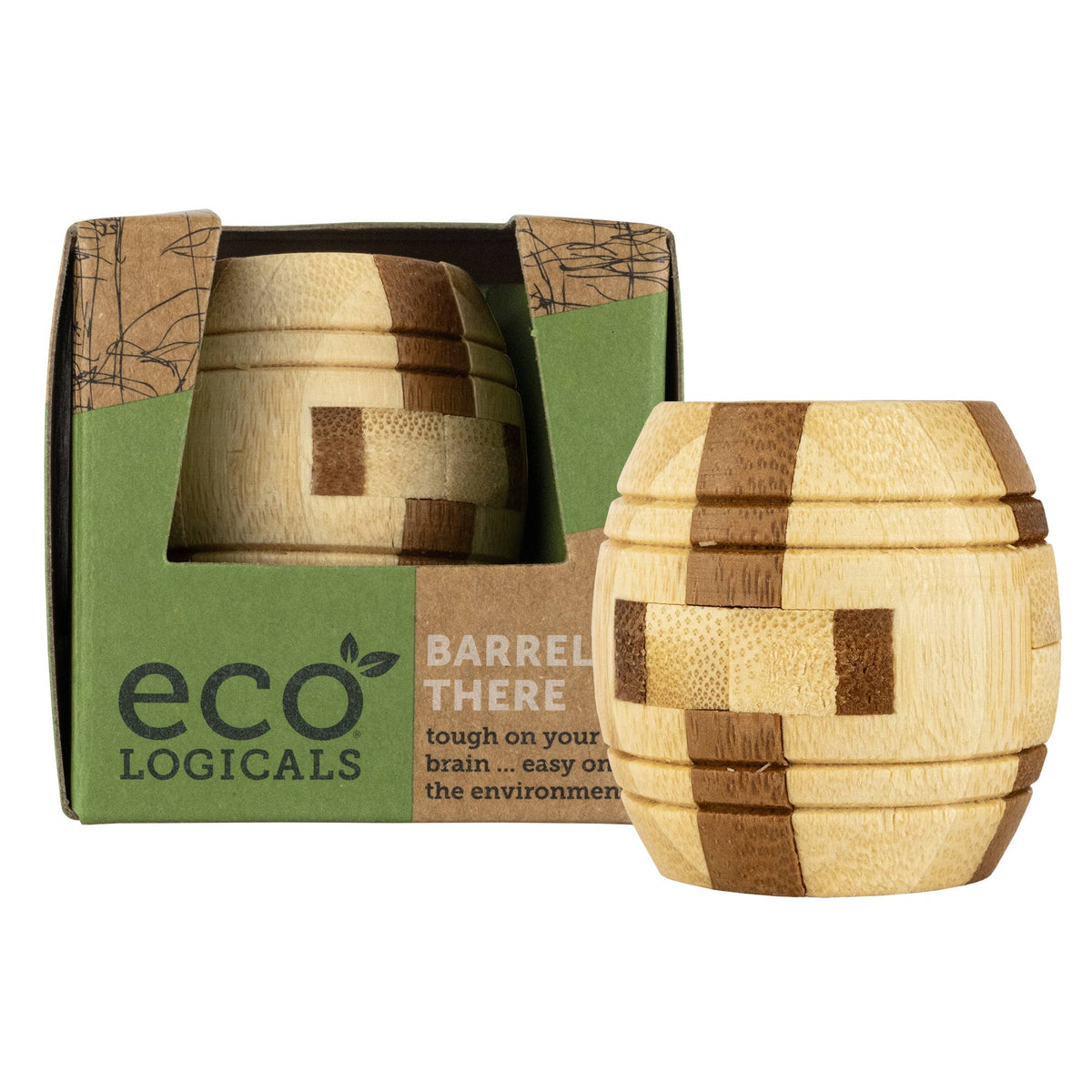 Mellow Monkey Mini Eco Logicals bamboo barrel puzzle with light and dark wood pieces in its eco-friendly box.