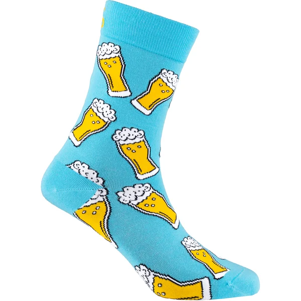 Mellow Monkey bamboo knit socks in sky blue with a fun golden beer glass pattern for beer lovers.