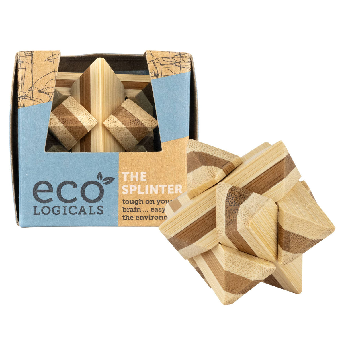 Mellow Monkey Eco Logicals bamboo brain teaser puzzle featuring a star-shaped wooden design in a cardboard box.
