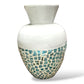 Mellow Monkey 14-inch bamboo vase with a white top and a blue and seafoam capiz shell mosaic base.