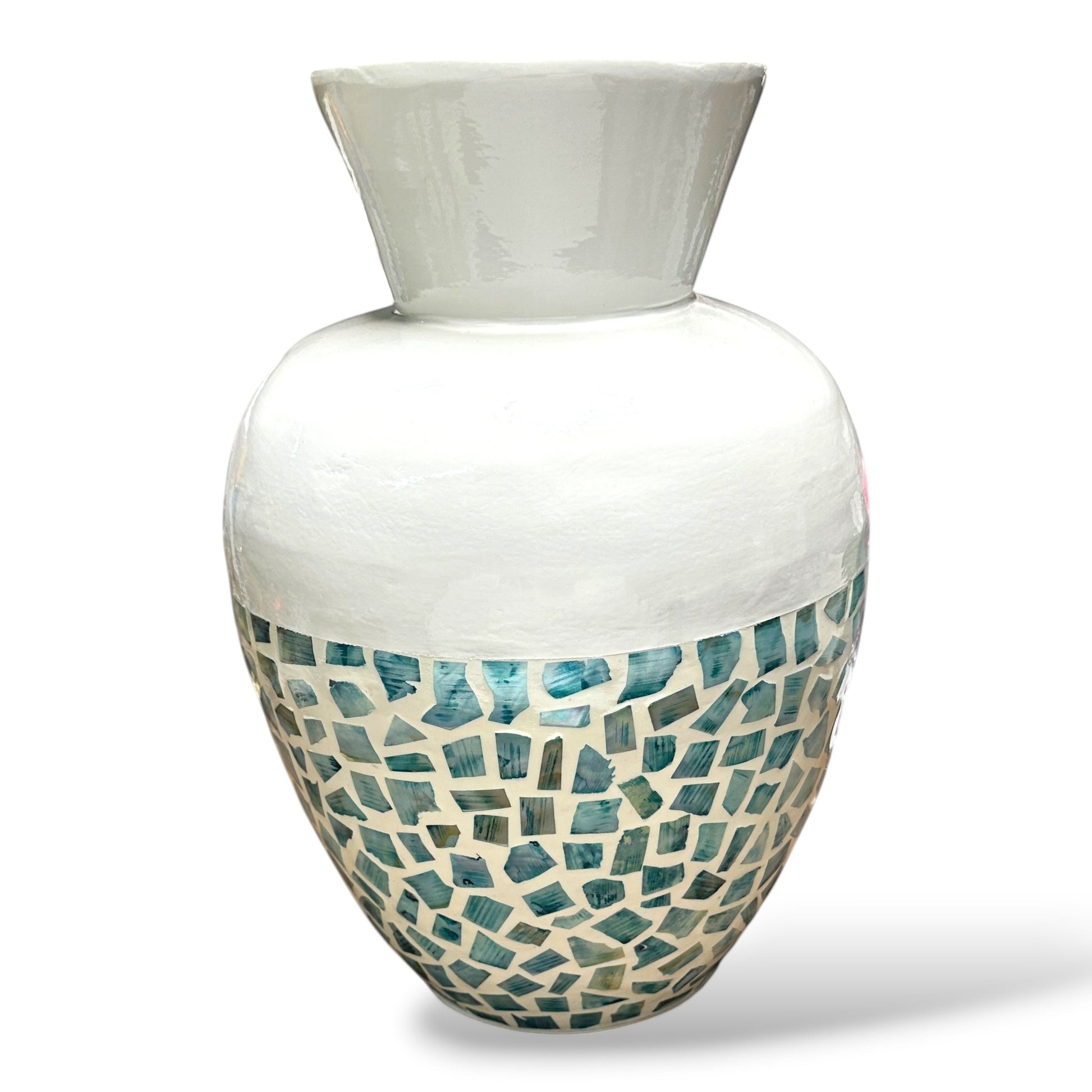 Mellow Monkey 14-inch bamboo vase with a white top and a blue and seafoam capiz shell mosaic base.