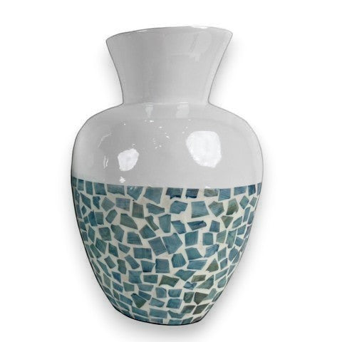 Mellow Monkey 14-inch bamboo vase with a smooth white top and a blue and seafoam capiz shell mosaic base.