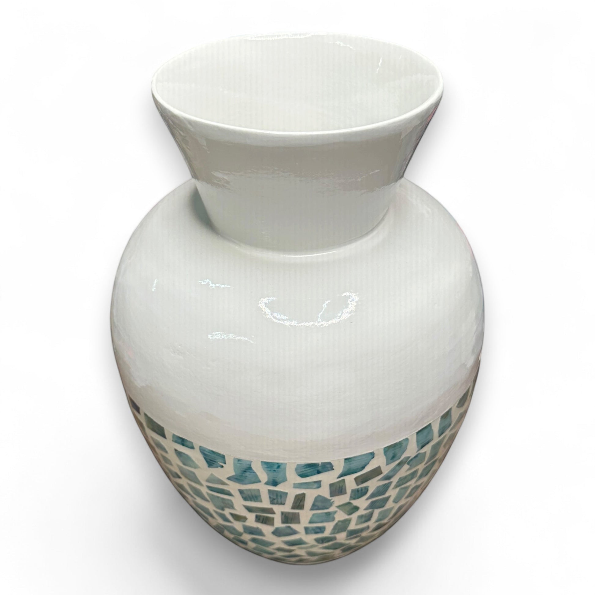 Mellow Monkey 14-inch bamboo vase with a white top and blue capiz shell mosaic base for coastal home decor.