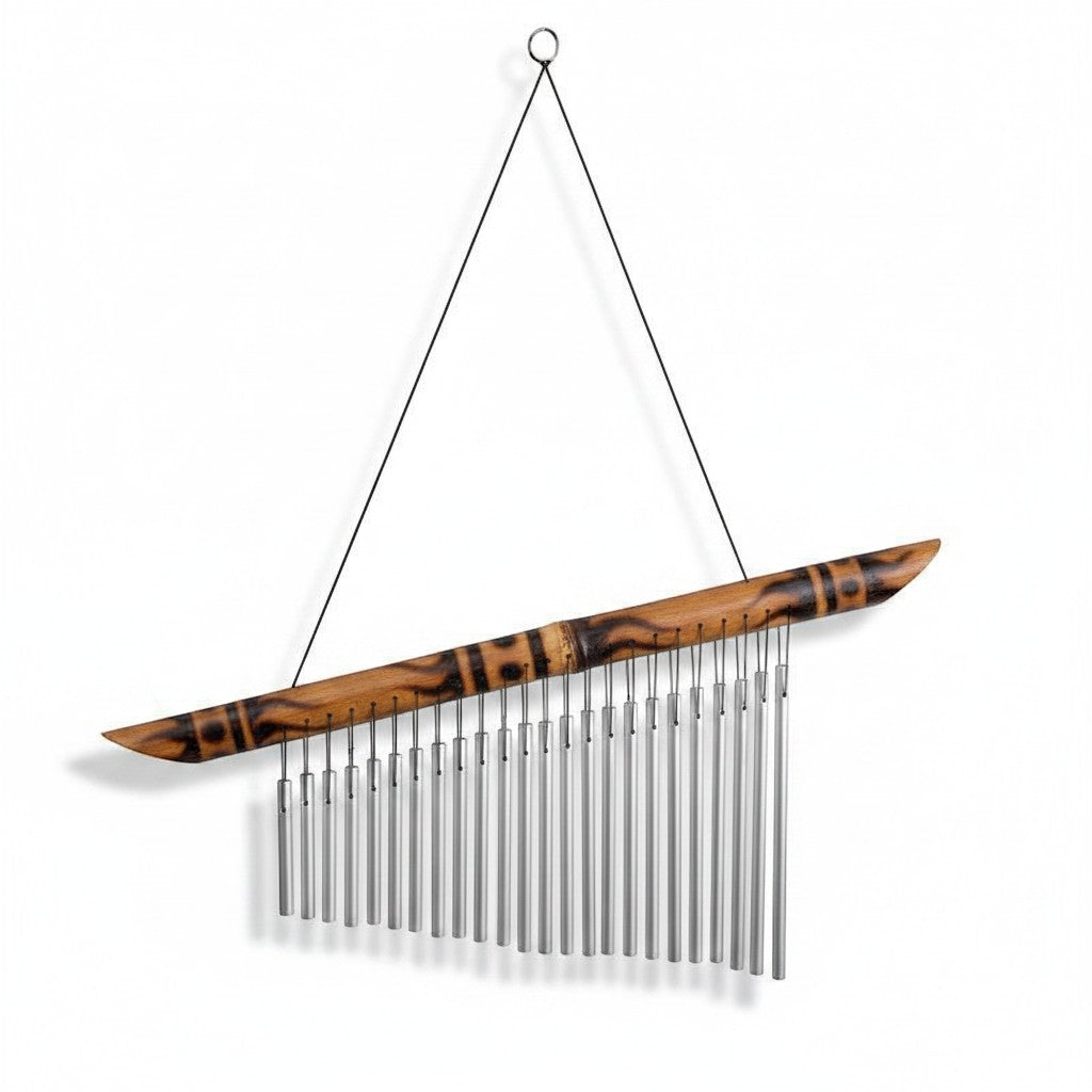 Mellow Monkey 21-inch bamboo and metal zen wind chime with decorative markings, hanging outdoors.