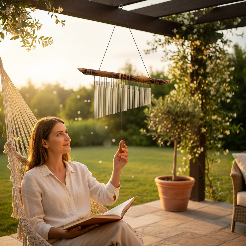 Mellow Monkey 21-inch bamboo and metal wind chime hanging outdoors, with a woman relaxing in a hammock.