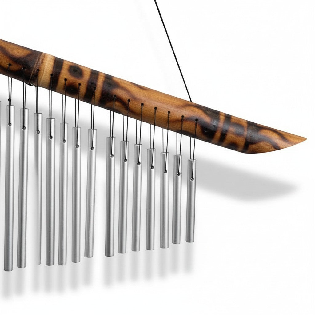 Mellow Monkey 21-inch bamboo and metal wind chime with silver tubes, designed for outdoor tranquil retreats.