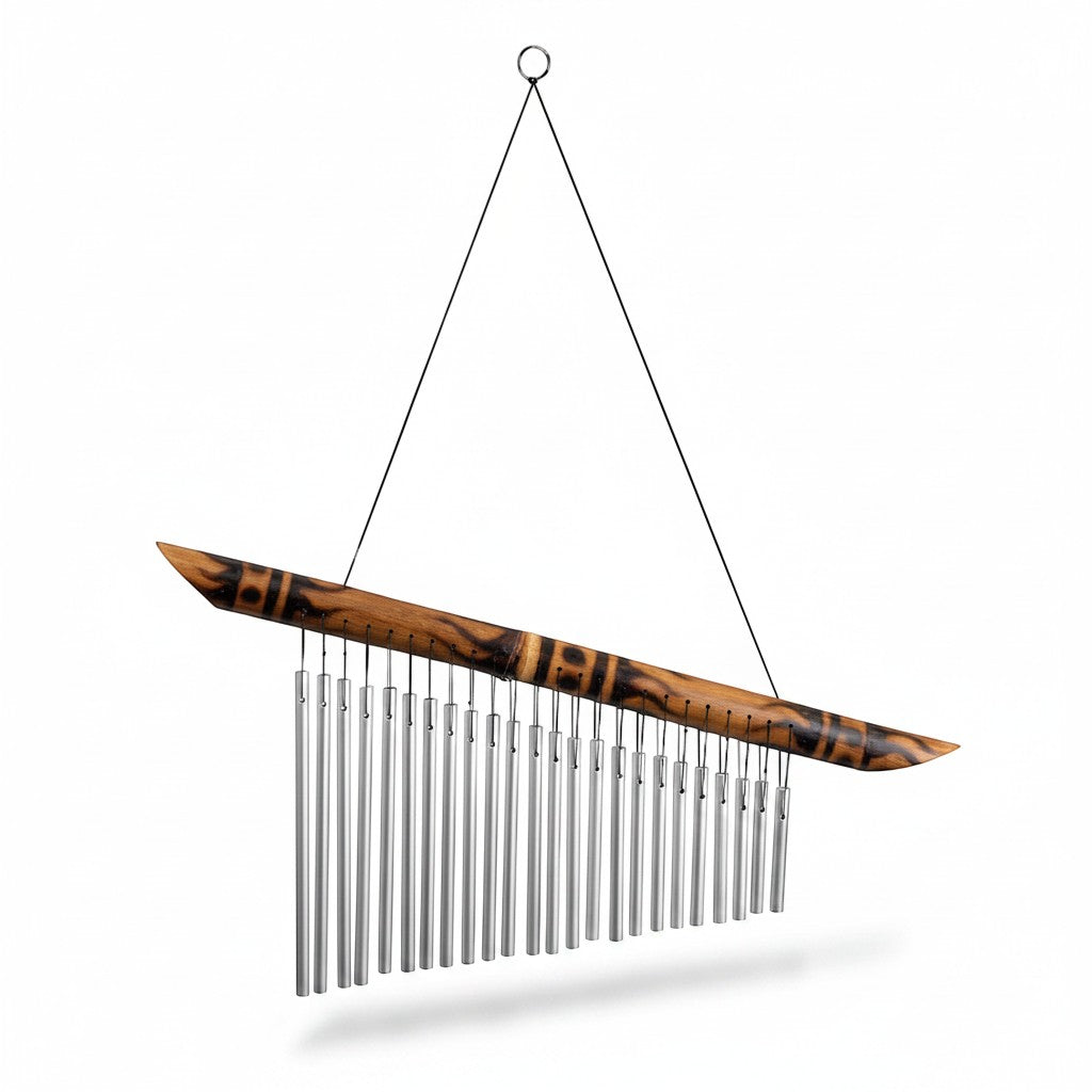 Mellow Monkey 21-inch bamboo and metal zen wind chime with engraved patterns, designed for outdoor tranquil retreats.