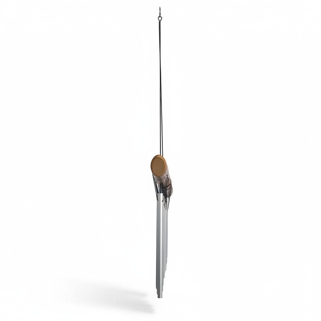 Mellow Monkey 21-inch bamboo and metal wind chime with silver tubes, designed for outdoor tranquility.