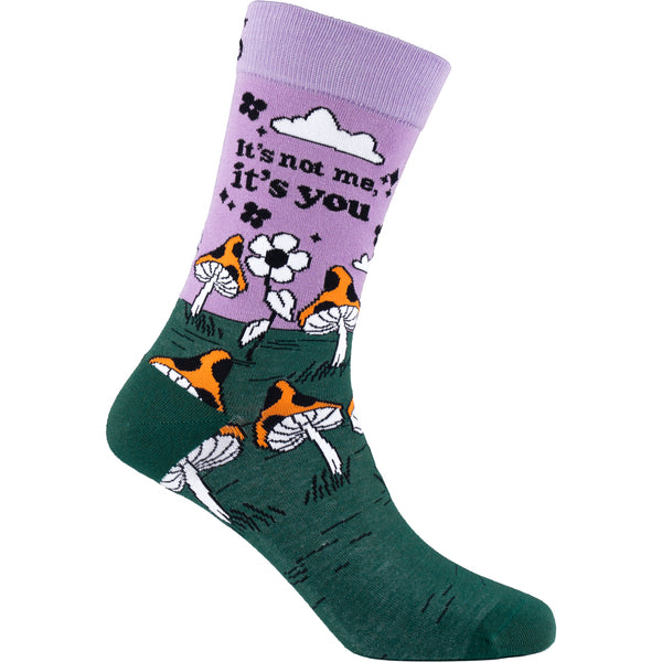 Mellow Monkey Not Me bamboo knit socks featuring mushroom patterns, lavender top, and green base with witty text.