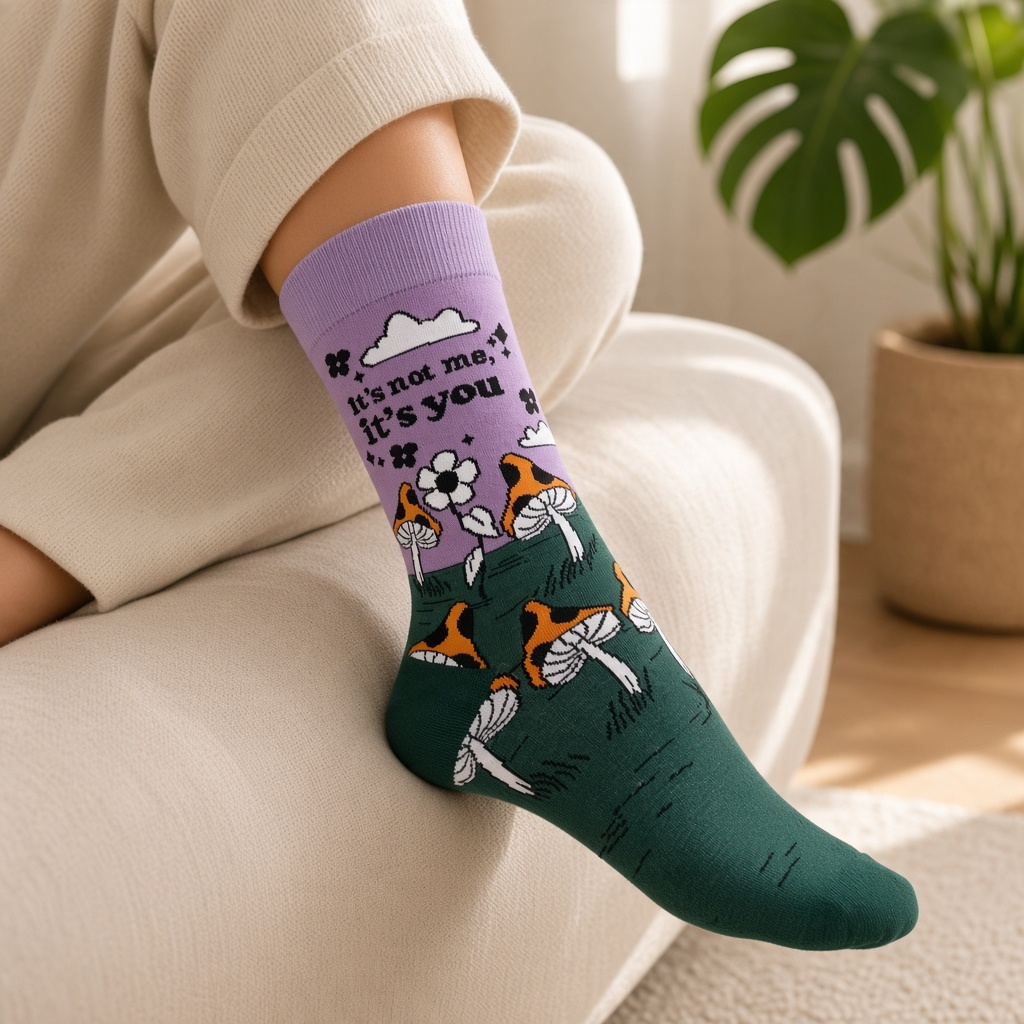 Mellow Monkey Not Me bamboo knit socks featuring a mushroom pattern, lavender sky, and forest green base.