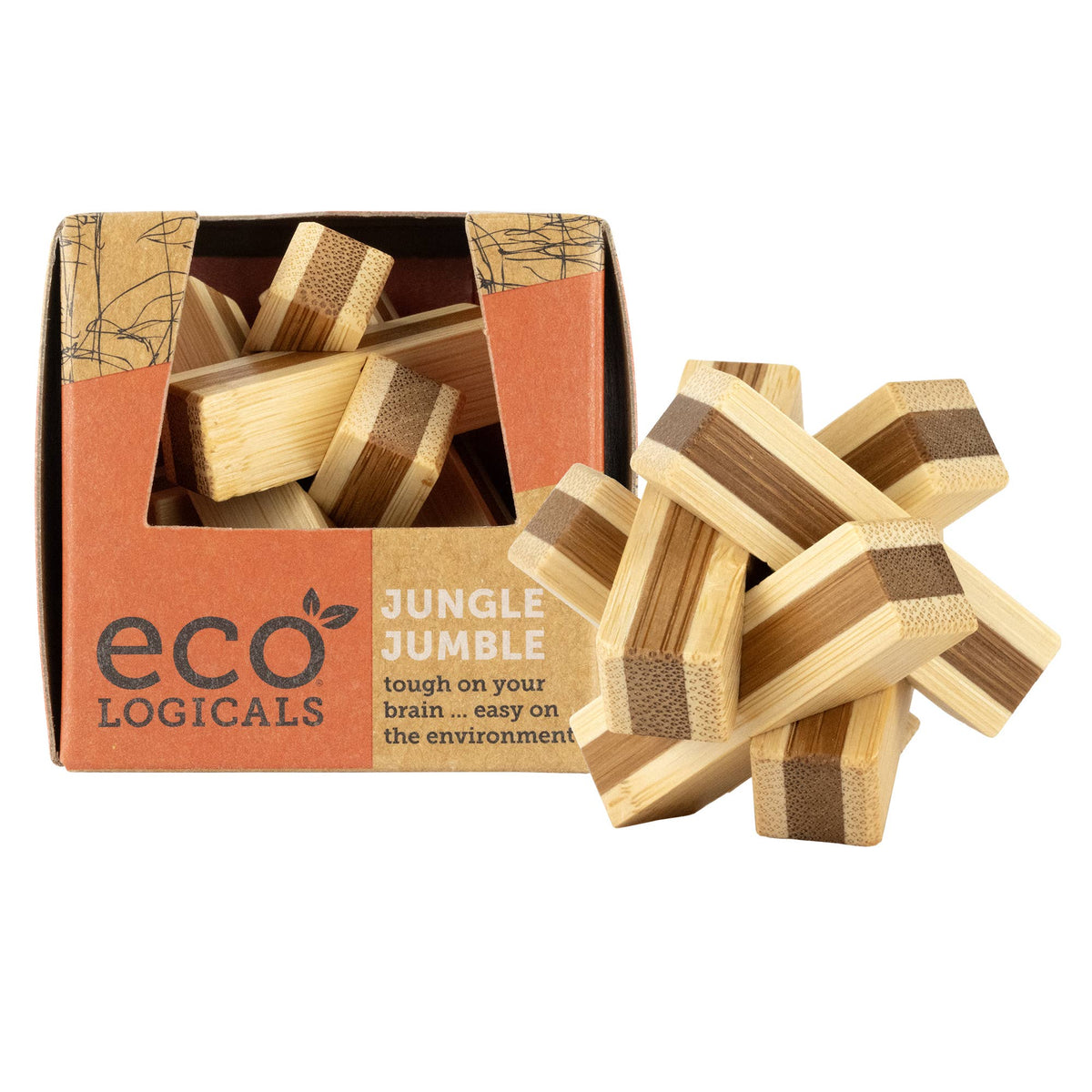 Mellow Monkey Mini Eco Logicals bamboo puzzle with interlocking wooden blocks and eco-friendly cardboard packaging