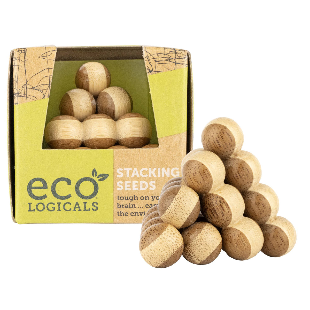 Mellow Monkey Mini Eco Logicals bamboo stacking seed puzzle with natural wood spheres in a recycled cardboard box